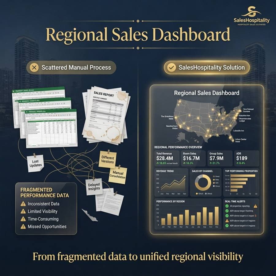 Regional sales dashboard showing activity, production, and follow-up in one view.
